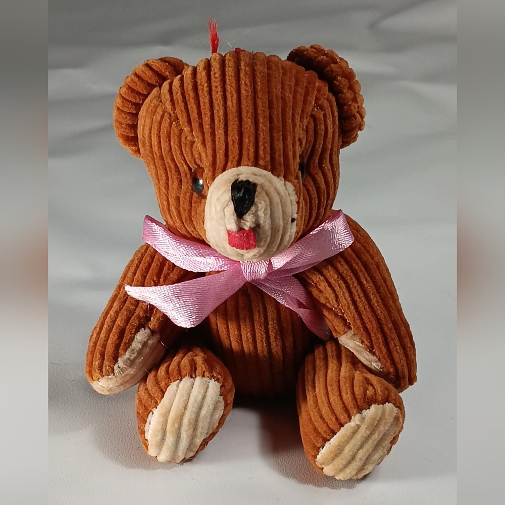 Brown Corduroy Teddy Bear with Pink Ribbon 1980's